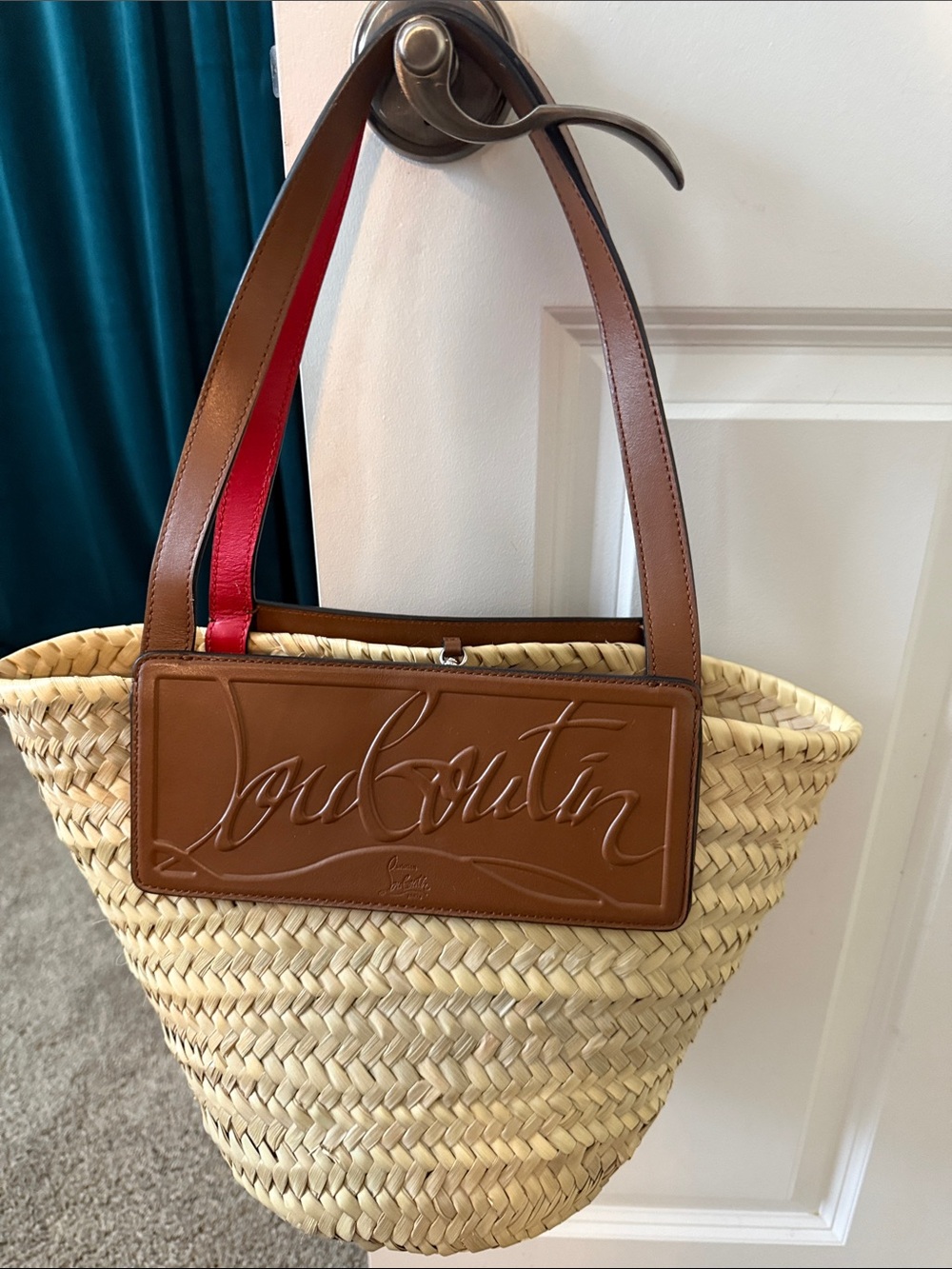 Christian Louboutin Tan Leather-Trim Straw Tote with Red Detail